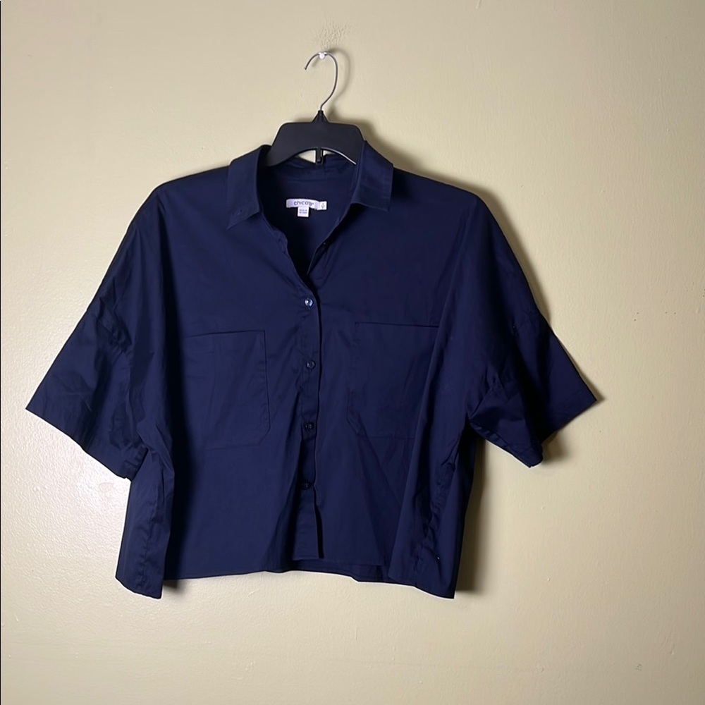 Chico's Blue Boxy Cropped Button Down Shirt